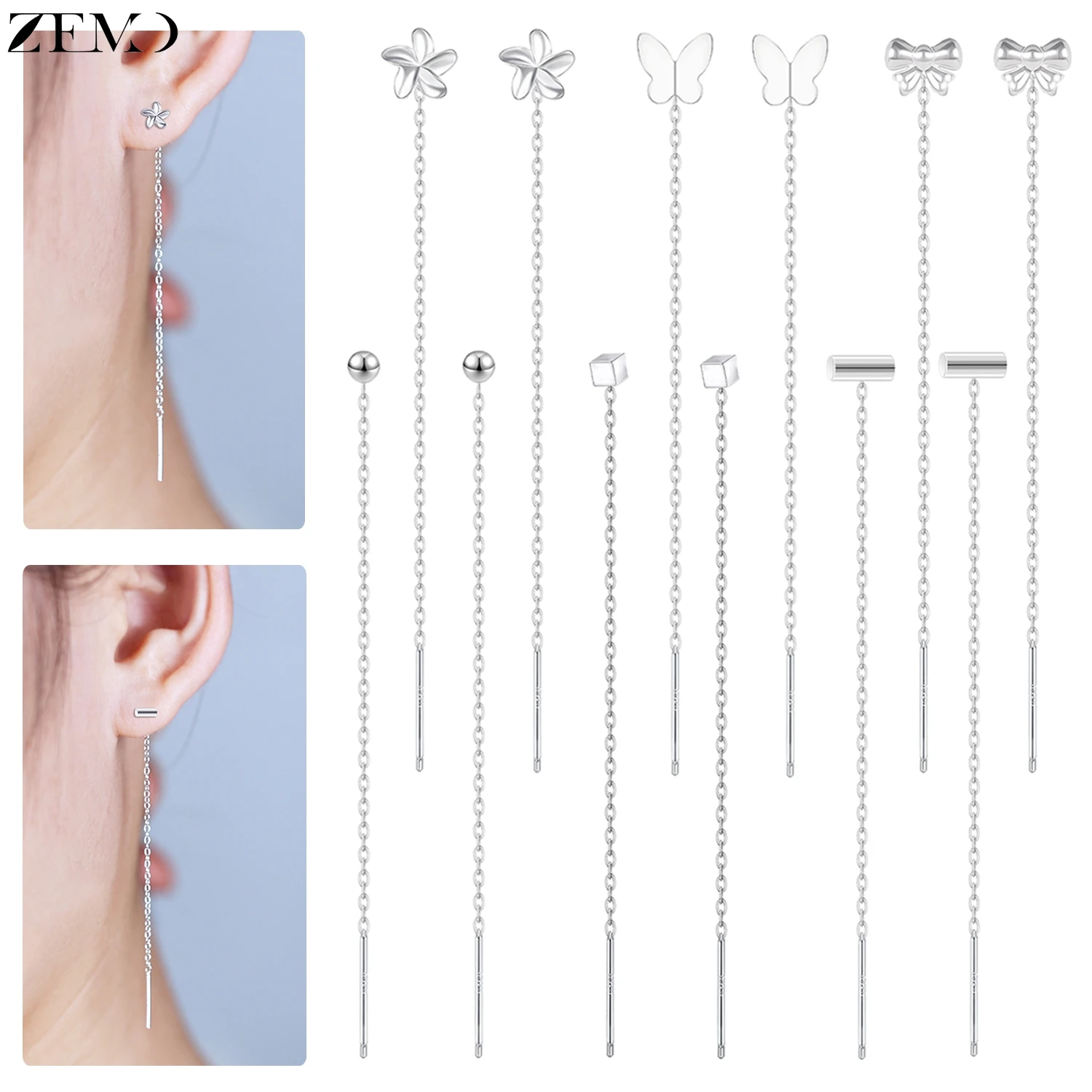 

ZEMO 2pcs/lot 999 Sterling Silver Drop Earrings Women Long Tassel Dangle Earring Flower Bowknot Geometric Ear Line Chain Jewelry