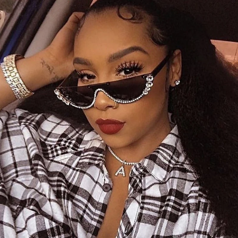 Semi Rimless Diamond Rhinestone Cat Eye Sunglasses Women Luxury Designer UV400 Elegant Party Eyewear