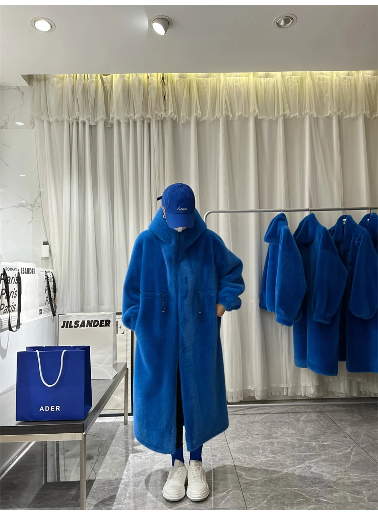 Lautaro Winter Long Oversized Warm Thick Blue White Fluffy Faux Fur Coat Women with Hood 2022 Loose Casual Korean Style Fashion