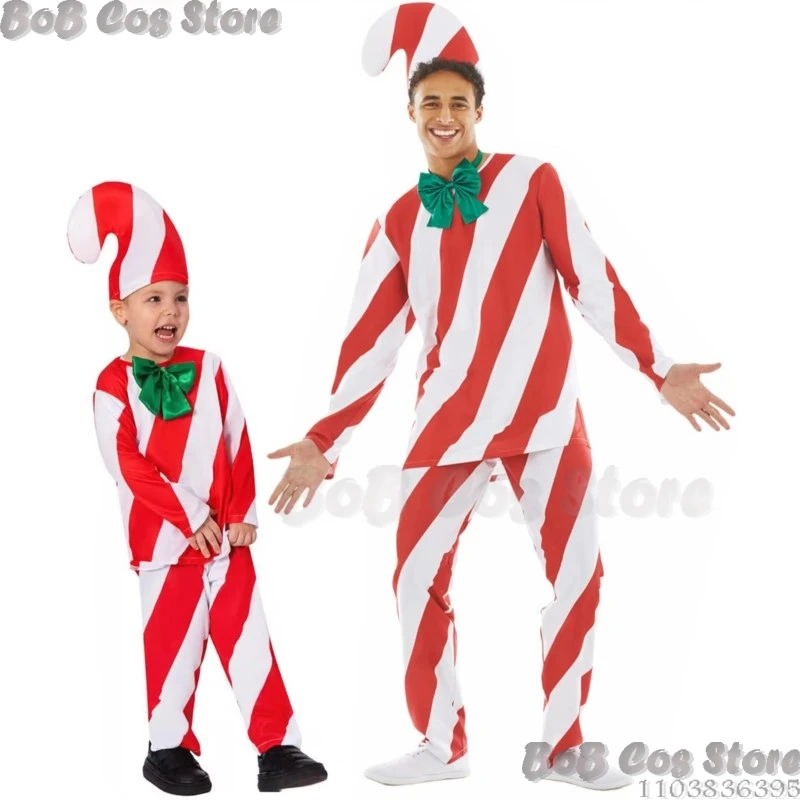 Christmas Candy Canes Adult Children Cosplay Costume Hat Red White Striated Uniform Holloween Roleplay Outfit FullSet Customized