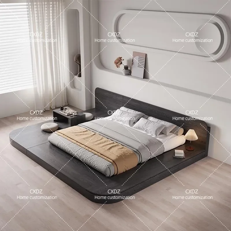 Japanese Style Black Solid Wood Bed Tatami Low Profile Platform Bed with Arc Headboard Double Size Floor Level Slab Design