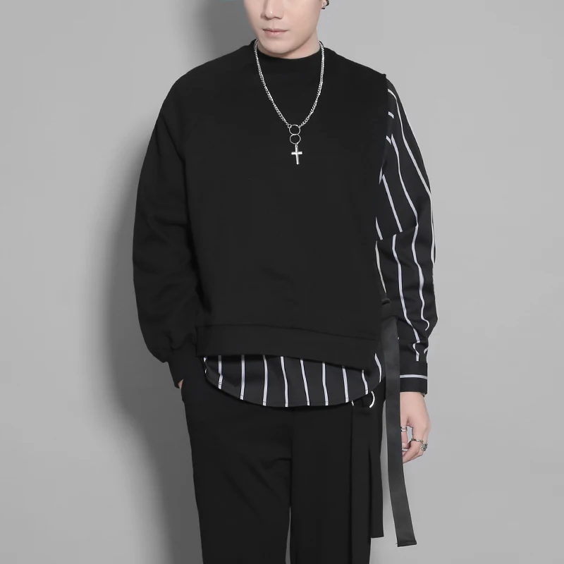 

Оригинальный дизайн, мужская уличная одежда, модная толстовка из двух предметов, полосатый декор, асимметричный черный свободный пуловер для отдыха