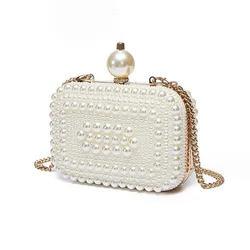 White Pearl Chain Shell Bag Genuine leather Handmade Women Square Clutch Evening Bag Size 15.5*11*5.5