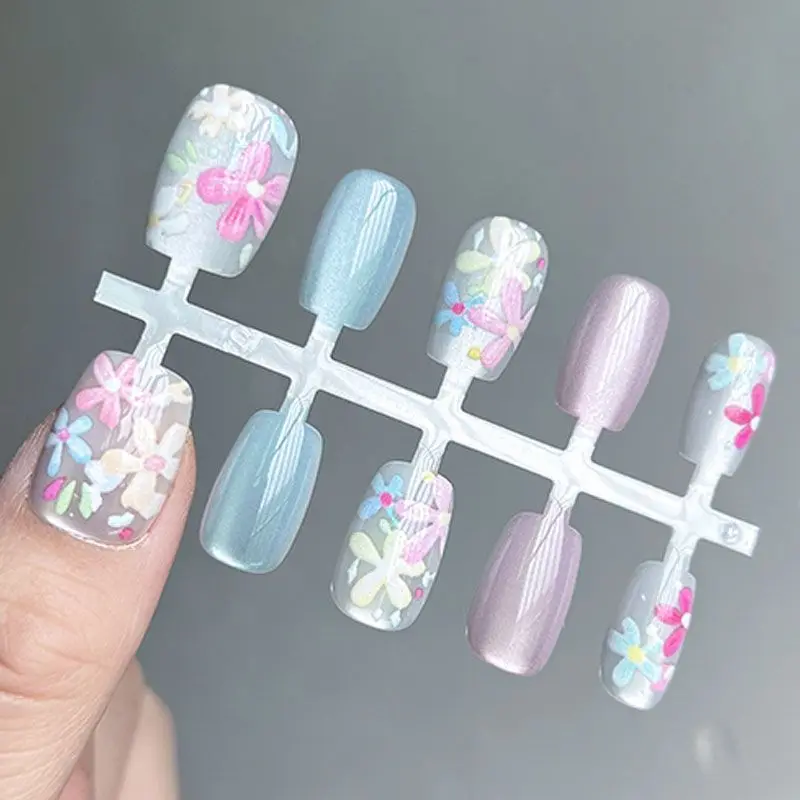 

10pcs Short Almond Press-On Nails Tip Colorful Flowers Full Cover Fake Nails For Women Girls Sweet Korean Almond Fake Nail Tips