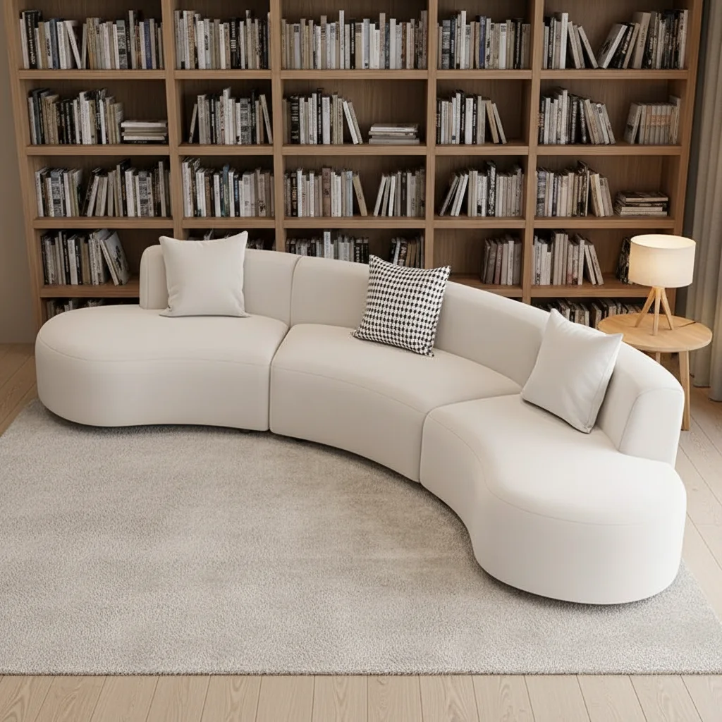 

*-oCustomizable Luxury Leather Three-Seater Sofa Cream-Colored Curved Living Room Sofa&