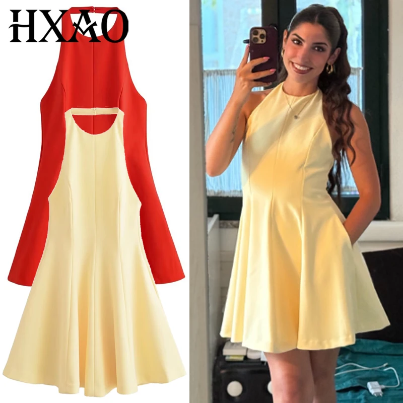 HXAO Damenkleider, Neckholder, kurzes Kleid, Sommer 2022, plissiert, schulterfrei, rückenfrei, Vestidos, schickes, gerüschtes, gewelltes Saum, rot-gelbes Kleid
