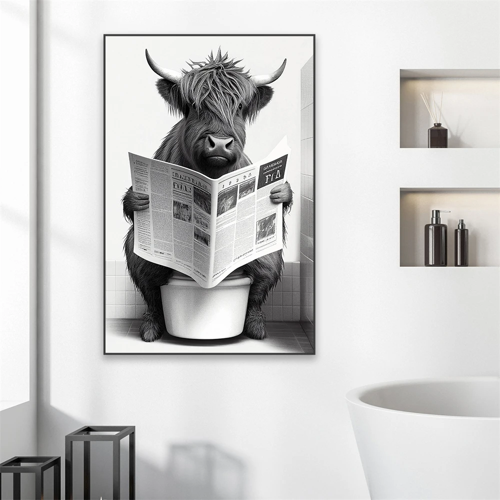 Highland Cow Sitting on a Toilet Poster Funny Animal Print Funny Bathroom Wall Decor Nursery Bedroom Decor Animal WC Prints