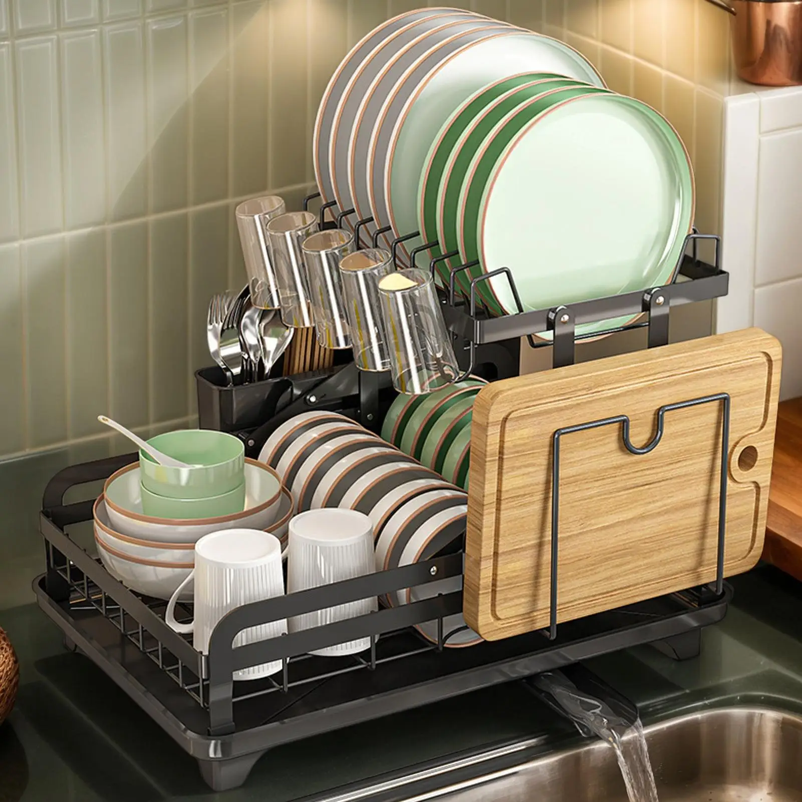 

Dish Drying Rack Dish Racks for Kitchen Counter 2-Tier Draining Tray for Bowls Pots Pans Cups Utensils Cutlery Cookware RV
