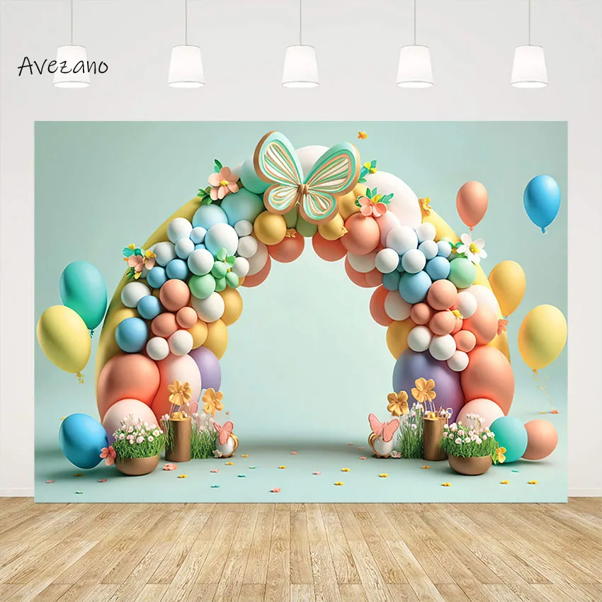 

Avezano Photography Background Easter Decor Banner Colorful Balloons Arch Backdrop Butterfly Cake Smash Photocall Photo Studio