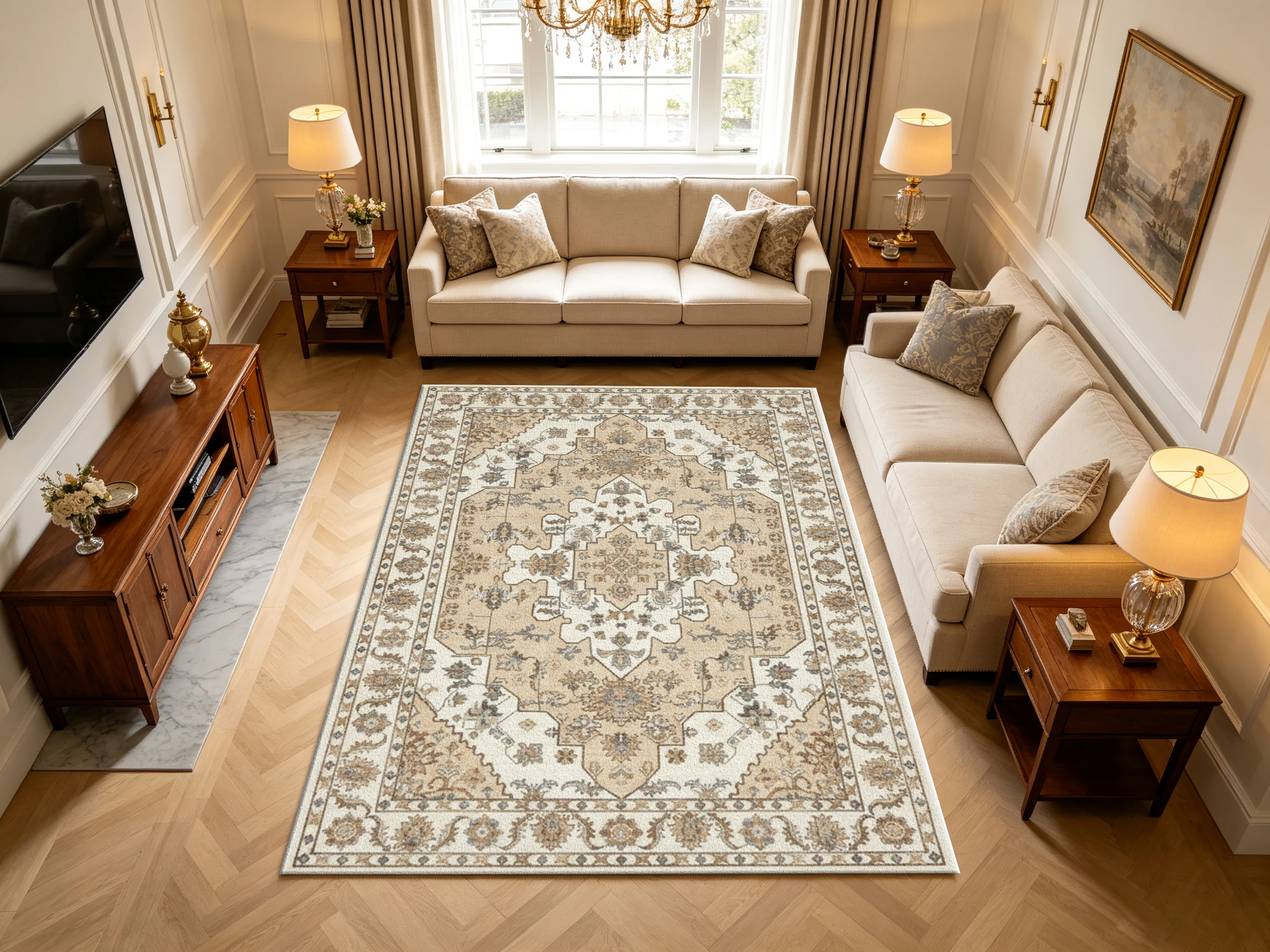 Neutral Beige Traditional Carpet Flooring, Vintage Oriental Medallion Area Rug for Indoor Home Room Decor