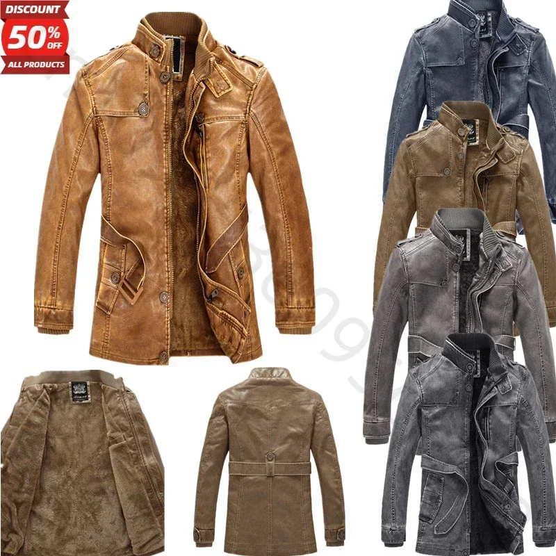 

MotorcycleJacket Men's Zipper Slim Fit PU Leather Jacket WinterThickened LongJacket GenuineLeather Jacket Plush Adjustable Waist