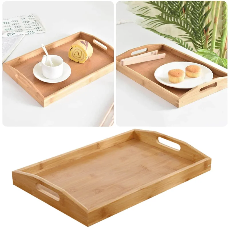 Bamboo Wooden Tea Tray Solid Wood Serving Tray Kung Fu Tea Cup Tray With Handle Rectangular Wooden Dinner Bread Fruit Food Plate