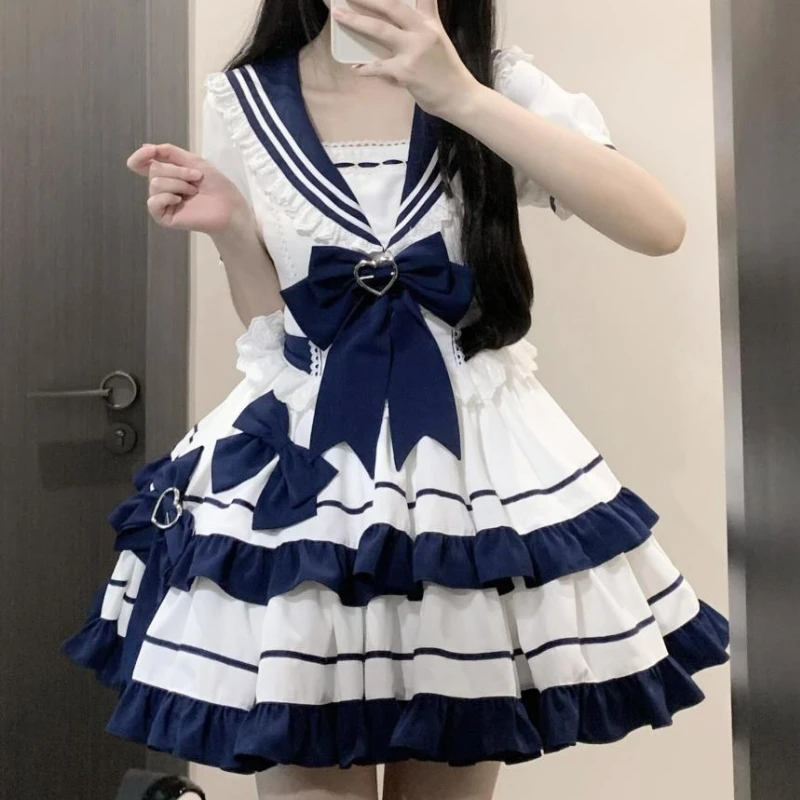 Japanese Kawaii Lolita Style Op Dress Women Sweet Bow Sailor Collar Short Sleeve Dresses Preppy Style Princess Party Mini Dress