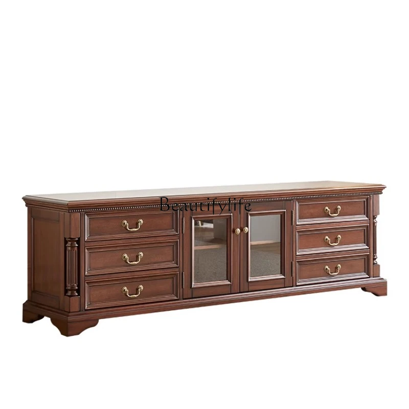 

All Solid Wood TV Cabinet Black Walnut American Vintage Living Room Storage Floor Cabinet