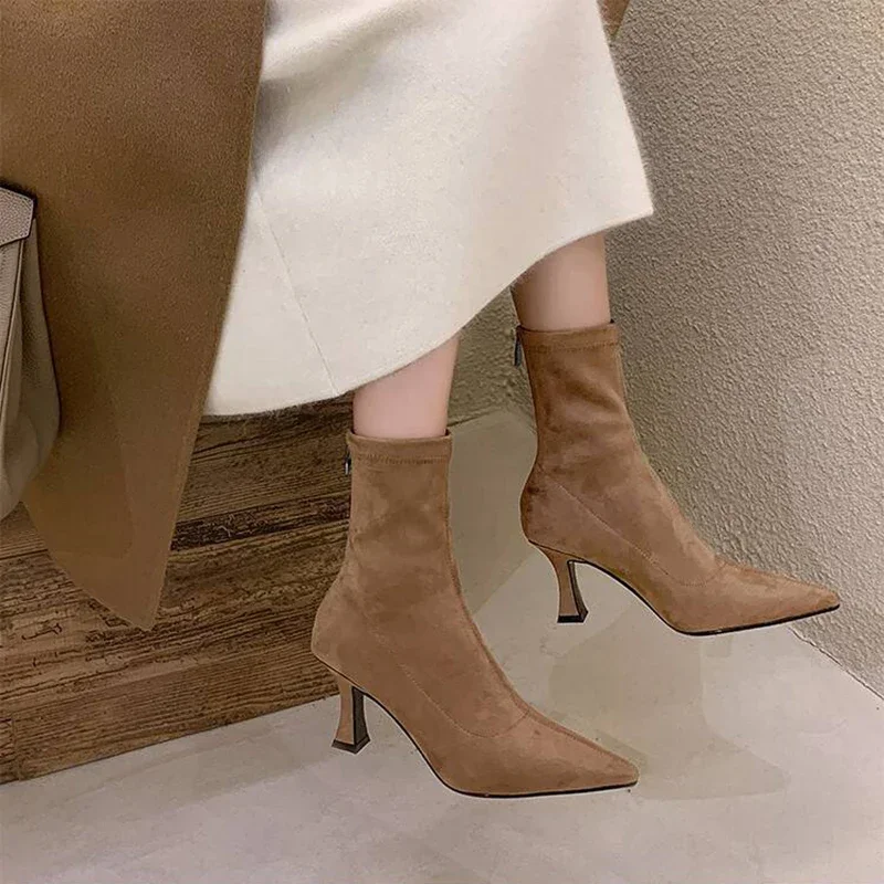 Vintage Women Ankle Boots Fashion Pointed Toe Shoes Autumn Winter High Heel Ladies Elegant Stretch Slim Short Booties