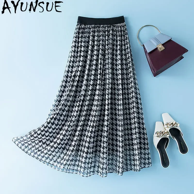 

100% Mulberry Real Silk Skirt Women's Clothing High Waist Slim A-line Long Skirt For Women Thousand Bird Plaid Print Swing Skirt