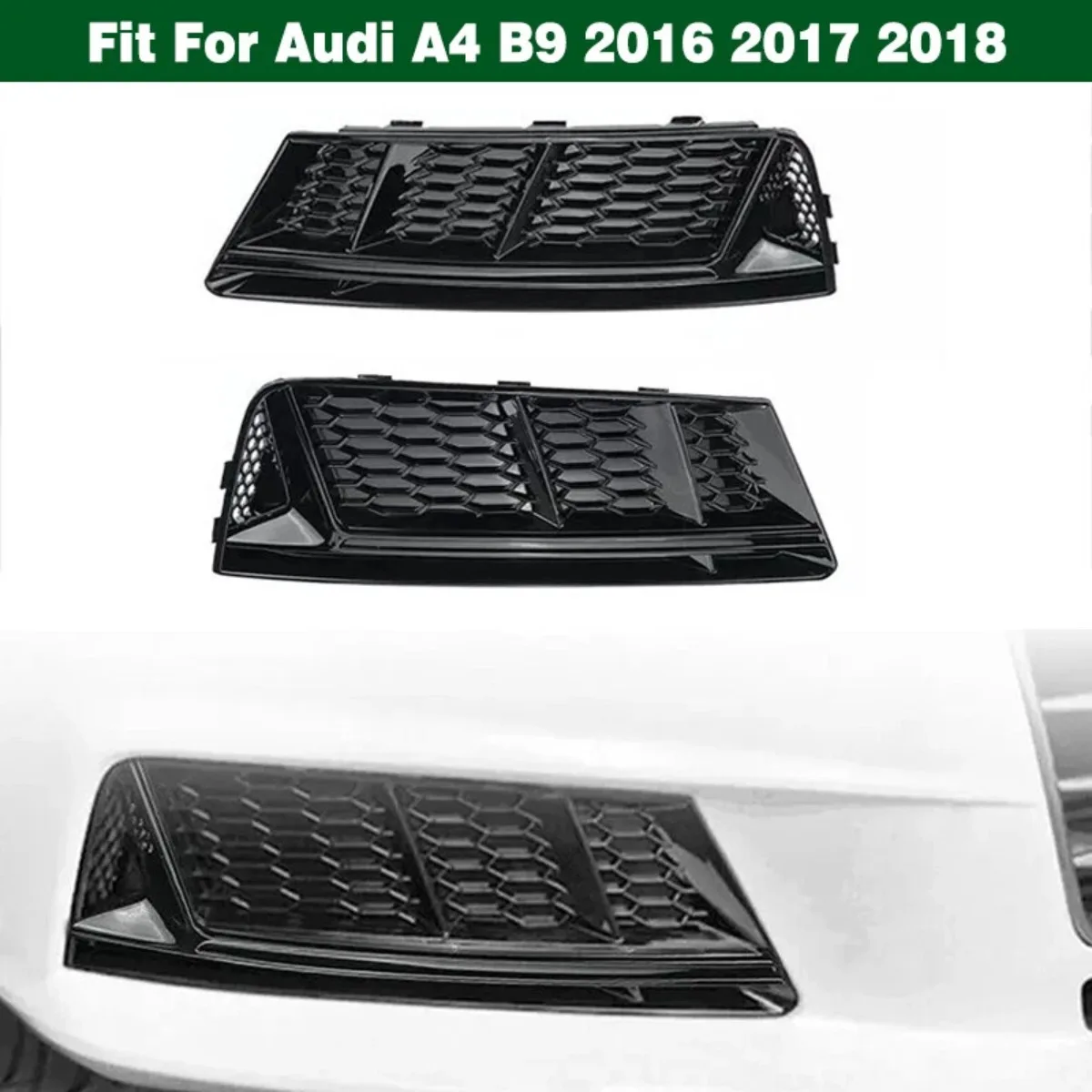 2x For Audi A4 B9 2016 2017 2018 Glossy Black Car Front Bumper Lower Fog Light Lamp Grill Grille Cover 8WD807681,8WD807682