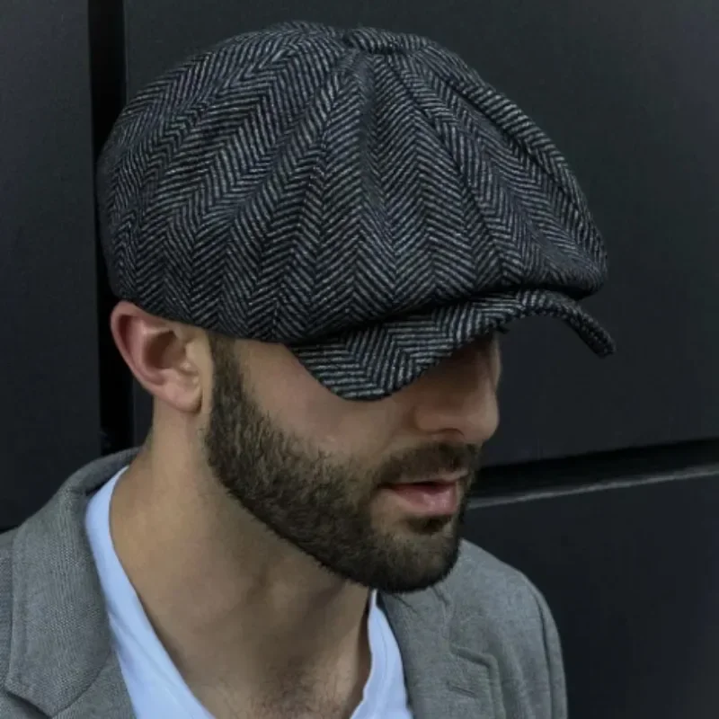الرجال الرجعية القبعات البريطانية الصوف مزيج خمر متعرجة تويد الرجال قبعة أنيقة على الموضة عادية شقة الدفء قبعات الهدايا #3