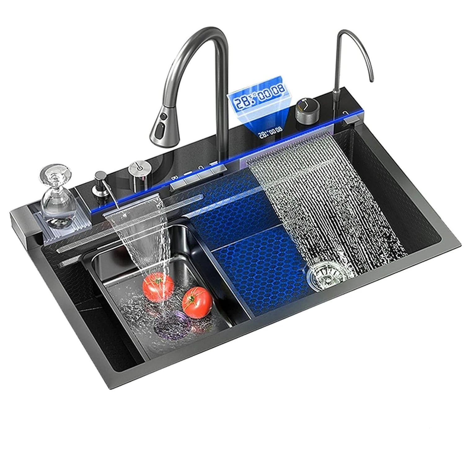 

Factory Wholesale SUS 304 Stainless Steel Kitchen Sink Smart Multifunction LED Digital Display Waterfall Single Rectangular Bowl
