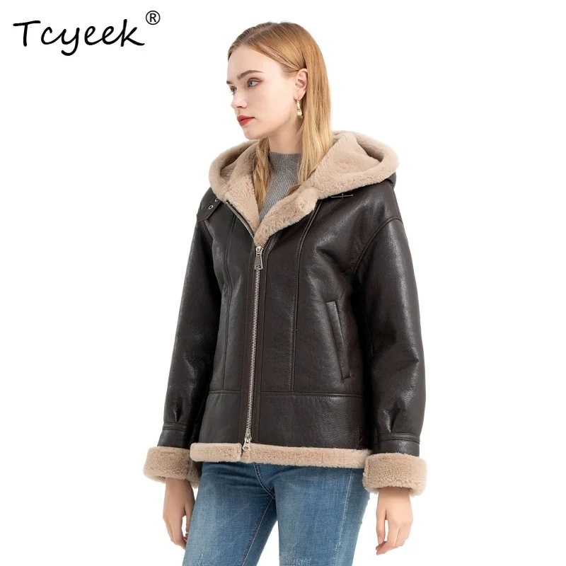 

Tcyeek Genuine Wool Autumn Winter High End Trendy Hooded Short Solid Color Women's Wool Lamb Shearing Fur Coat Fourrures Femme
