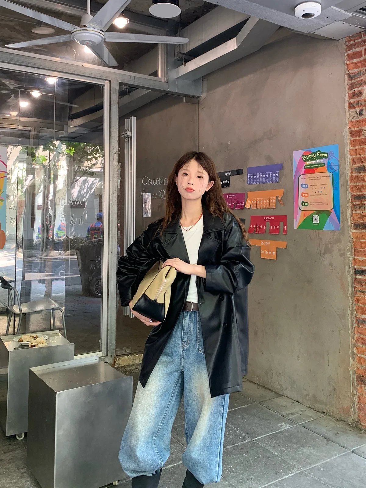 Rodeo clássico duplo breasted longo jaet retro solto terno feminino colarinho casaco de couro primavera outono versátil outerwear