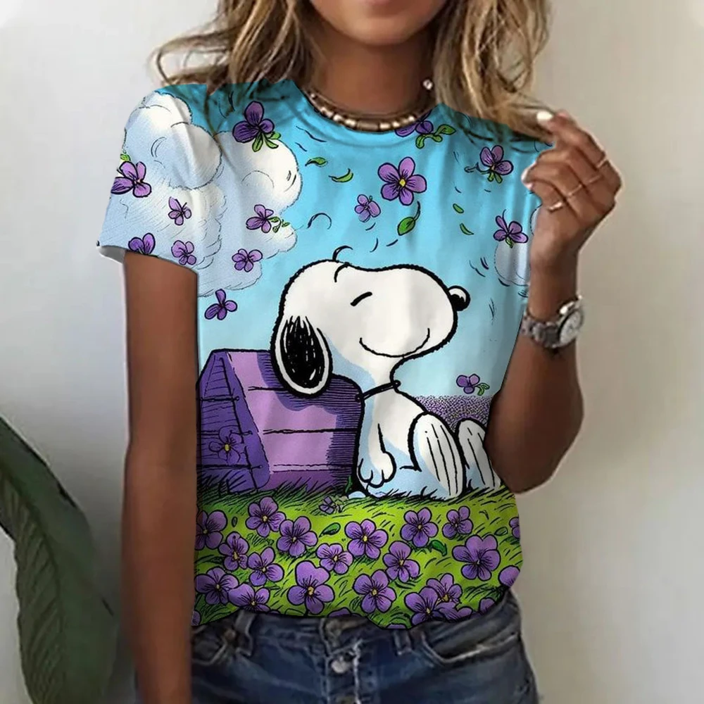 MINISO 스누피 프린트 여성 티셔츠 여성용 새 풀오버 o 넥 캐주얼 반소매 2025 Fashion Street Tops