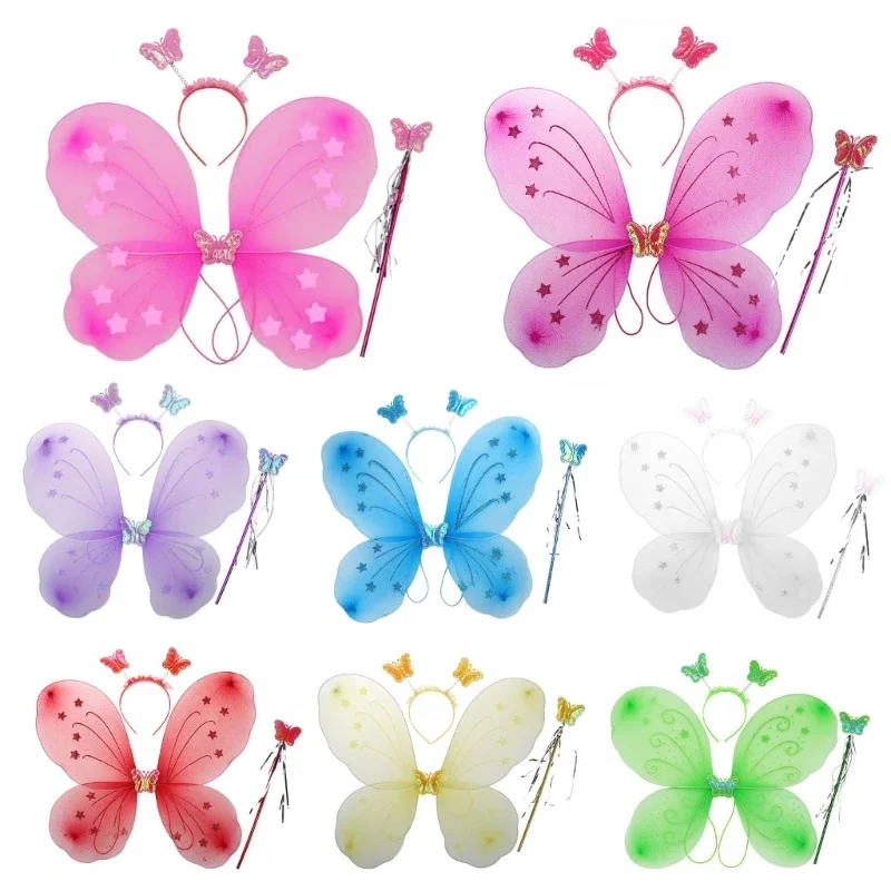 

Girls RolePlay Butterflies Costumes Princess Fairy Wings Wand Headband 3Pcs Halloween Cosplay Party Props