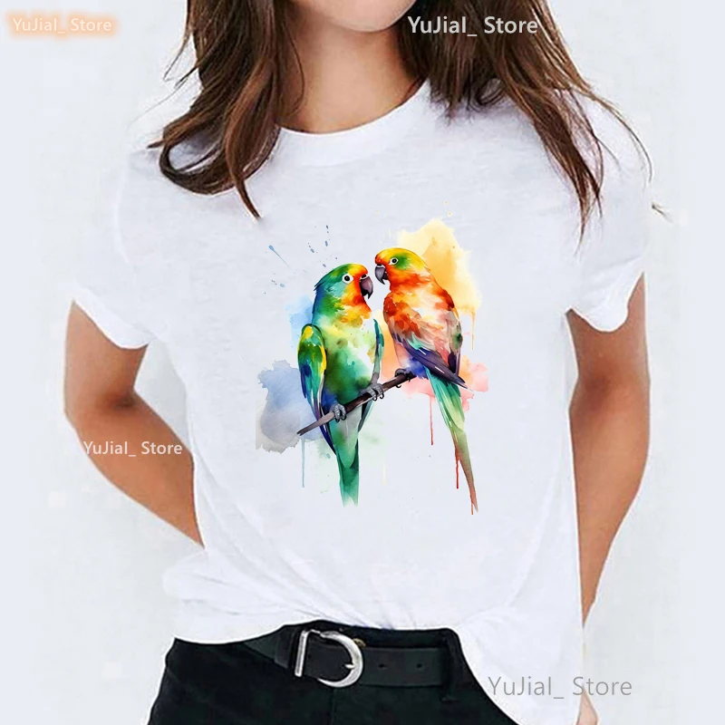 Watercolor Cockatiel Parrot Bird Print T Shirt Girls Summer Short Sleeve Tshirt Women Harajuku Shirt Casual Short Sleeve T-Shirt