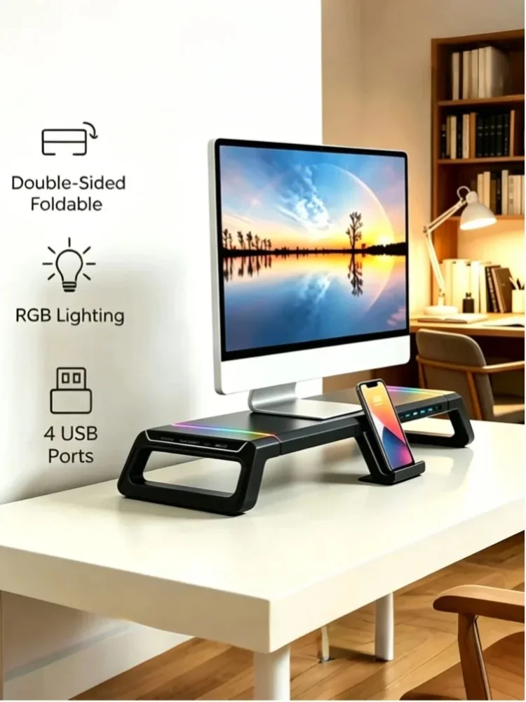 Monitorständer Schreibtisch-Monitorhalterung mit Aufbewahrungsschublade & Handyhalter, Leichtes Robustes Aluminium ABS-Material Monitor-Schreibtischregal