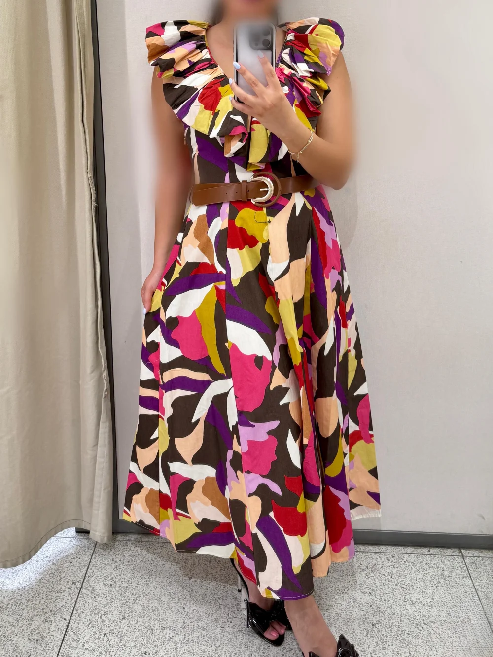 Women's waist belt printed poplin waist dress V-neck sleeveless side zipper autumn new elegant and fashionable long dress