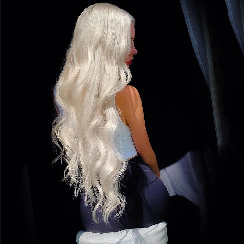 60# Platinum Blonde Wavy Lace Front Wig Long Natural Wave White Blonde Synthetic Lace Front Wig White Blonde Wig Heat Resistant