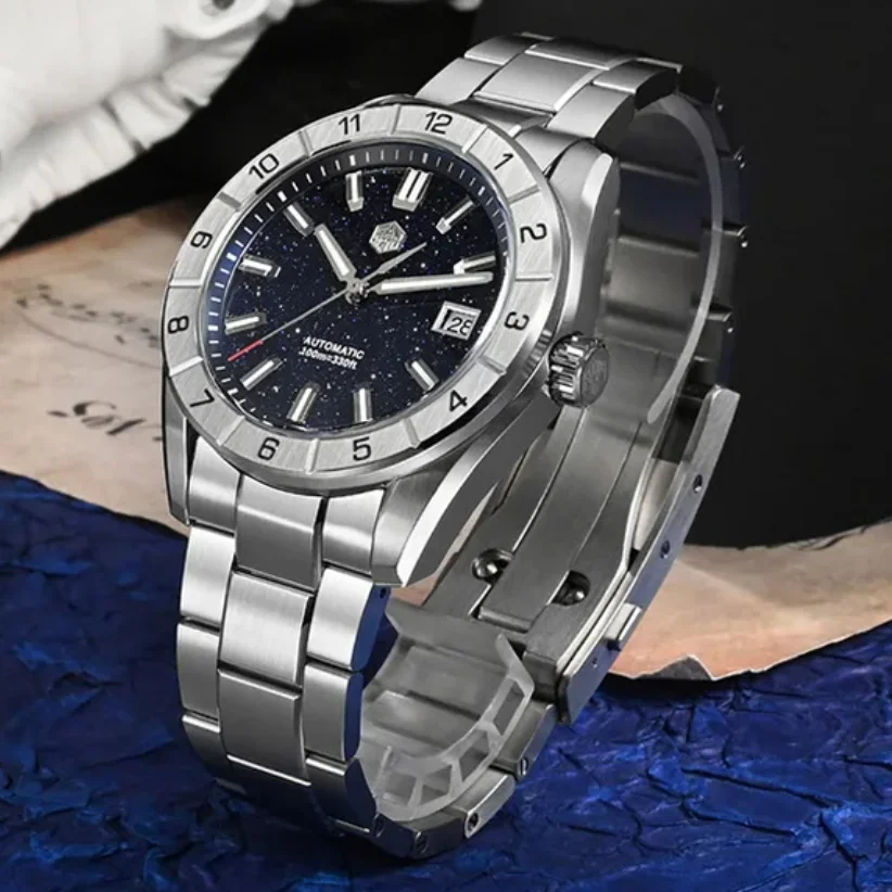 

San Martin Men Automatic Watch 42mm Mechanical Wristwatch 10Bar Waterproof Luminous Sapphire Peacock Gemstone Dial NH35