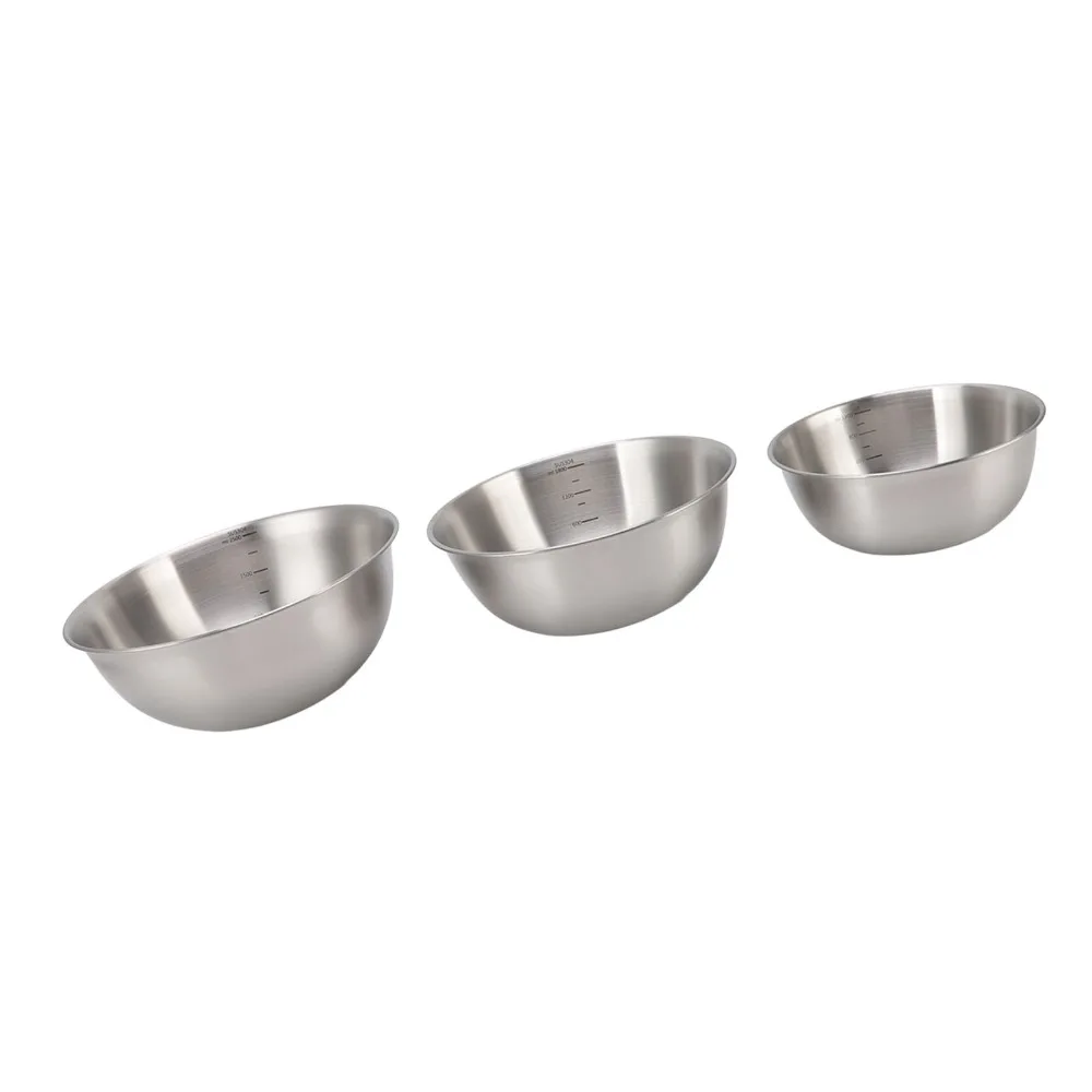 3Pcs Rustless Steel Serving Bowls Inner Etched Measurement Scale Smooth Polished Food Grade Bowls Thickened Deep Round Bowl