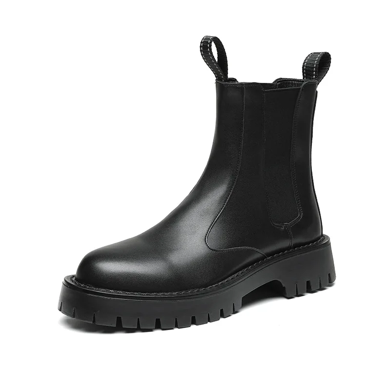 big size mens fashion chelsea boots slip-on original leather shoes cowboy platform boot black white handsome motorcycle botas
