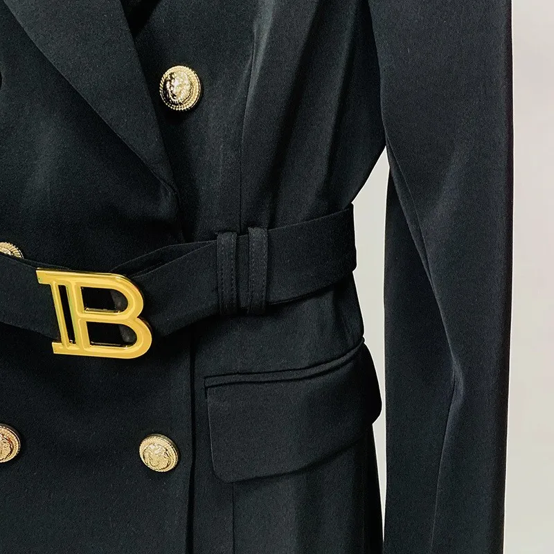 Black Women's Suit Dress Temperament Business Autumn/Winter Double Breasted Metal Letter Buckle Belt Slim Fit Suit Dress