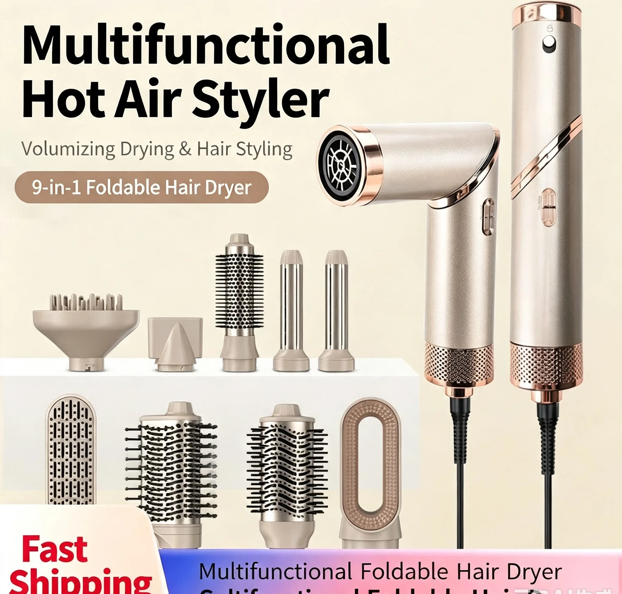 From Home Hair Care - Sisir Pengering Rambut Lipat 9-in-1 Multi-Head,