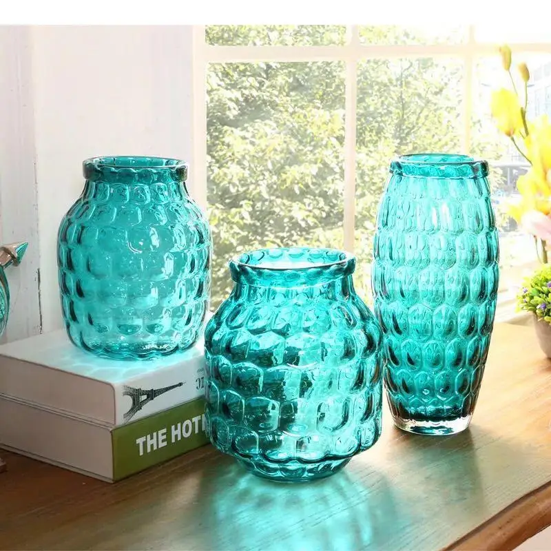 Honeycomb Relief Glass Vase Blue Transparent Flower Pots Decorative Desk Decoration Hydroponics Floral Modern Home Decor