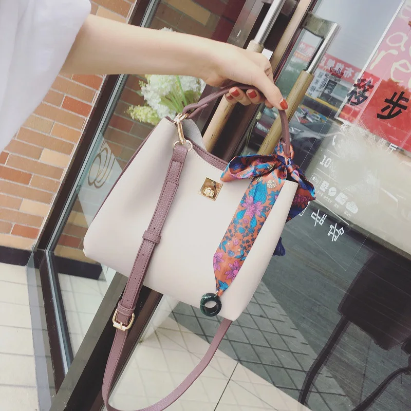 Bag female  new trendy fashion casual hit color bucket bag simple shoulder messenger bag silk scarf handbag hand bags