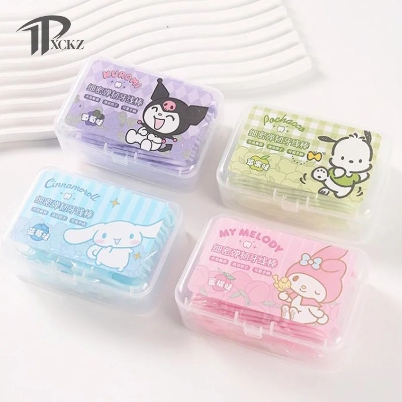 Set tusuk gigi Sanrio Floss, tusuk gigi pembersih gigi portabel rasa buah warna-warni dengan kotak penyimpanan 50 buah