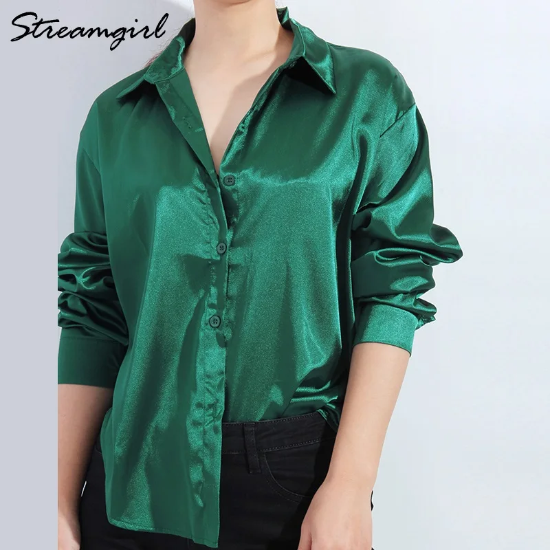 Elegant Satin Solid Long Sleeve Blouses Women 2022 Women\'s Shirt Simple Design Loose Imitation Silk Oversized Shirts For Women