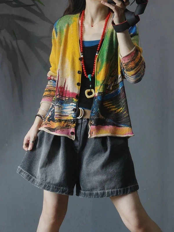 سترة نسائية محبوكة مريحة على شكل حرف V لخريف 2025 سترة طويلة Sve ريترو فنية مطبوعة ملابس خارجية فضفاضة تناسب Faionable #4