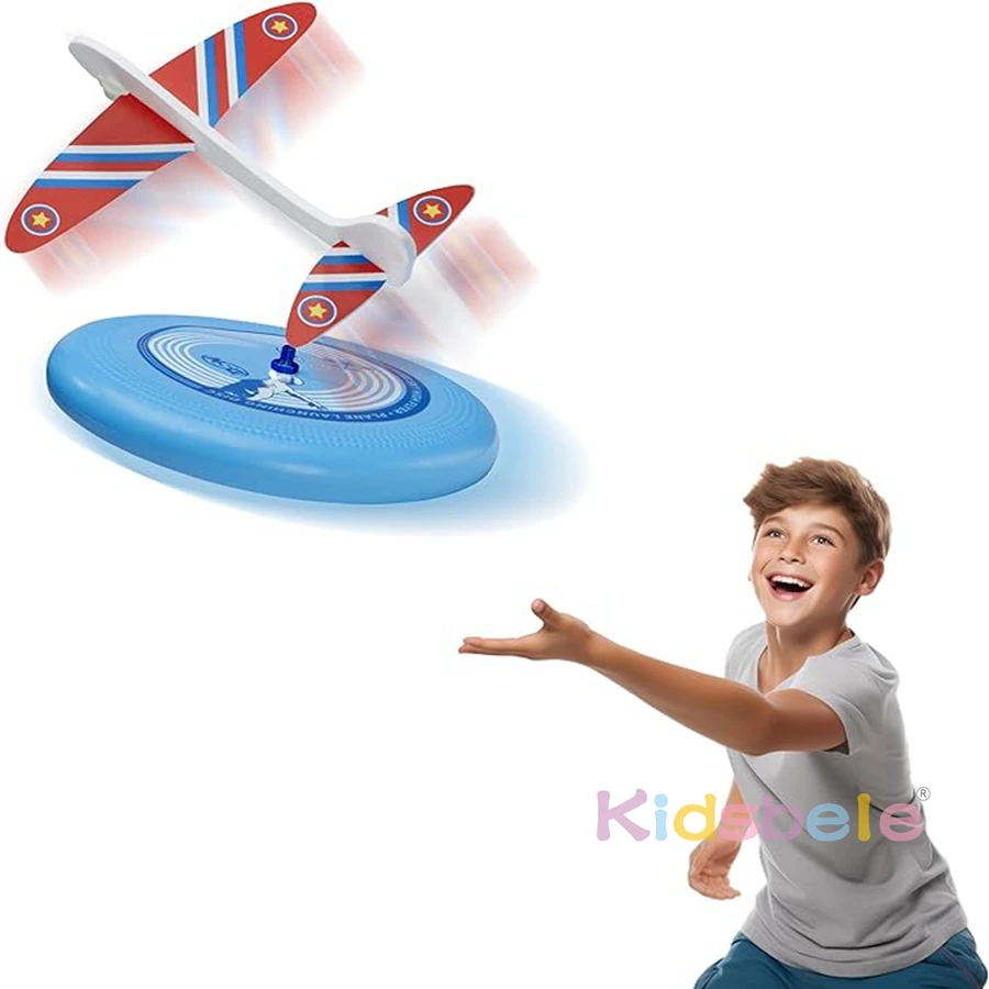 Flying Disc Airplane Launcher Toy Foam Glider Plane Outdoor Flying Toys for Kids Ages 8 and Up