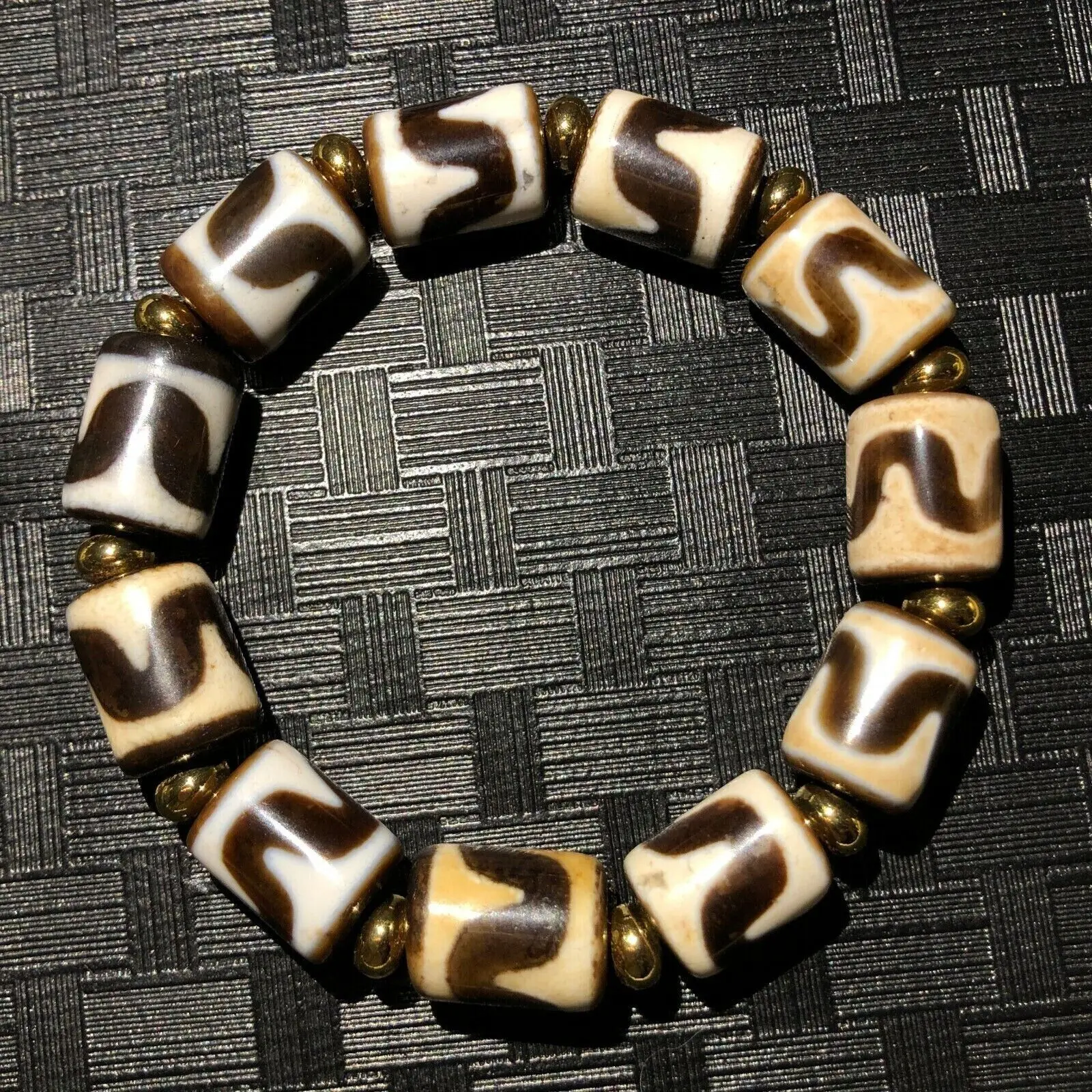 Unique Energy Tibetan Old Agate Tiger teeth Totem dZi Bead Bracelet 11*14mmC924