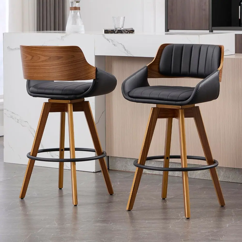

Swivel Bar Stools Set of 2, Walnut Counter Height Bar Stools with Back and Arms, 26 Modern Faux Leather Upholstered Bar Chairs