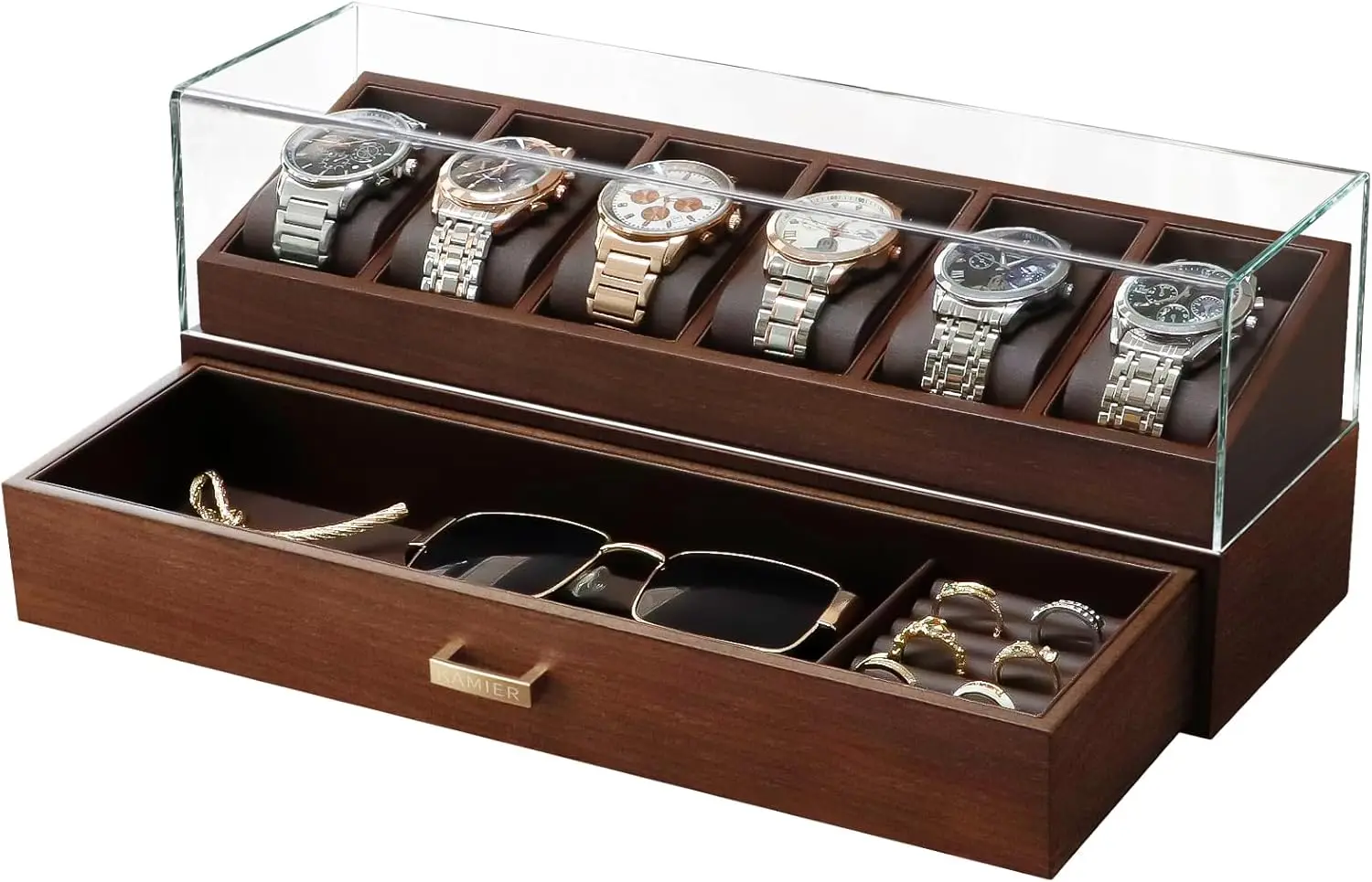 Caja de Madera para Relojes con 6 Ranuras y Tapa de Cristal - Organizador de Joyas de 2 Niveles para Hombre - Estuche para Exhibición de Relojes, Regalo Empresarial Ideal, Nogal