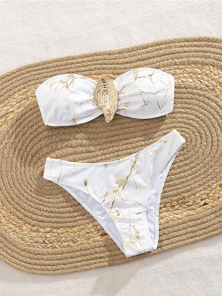 Vzvn Sexy Strapless Marble Print Bikini Women Split Swimsuit Beach Brazil Bikini 2026 New All Season Backless Bikini 2 Piece Set