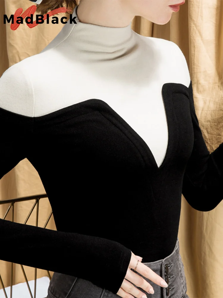 

MadBlack European Clothes Tshirts Women Sexy Turtlenecks Patchwork Slim Warm Velvet Tops Full Sleeve Tees Autumn Spring T37548QM