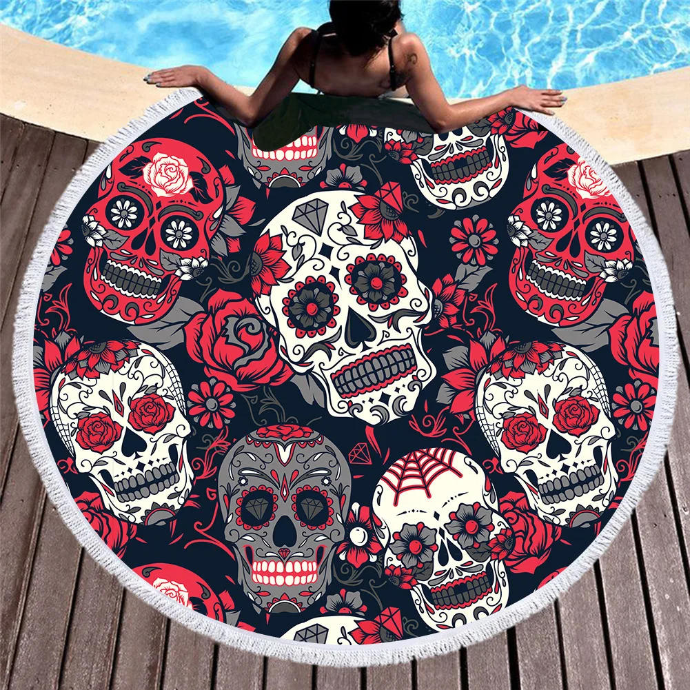 Towel Beach Towel Shawl Fast Drying Swimming Gym Camping Big Round Beach Towel Lovers Skull 3D Printed Beach Towel