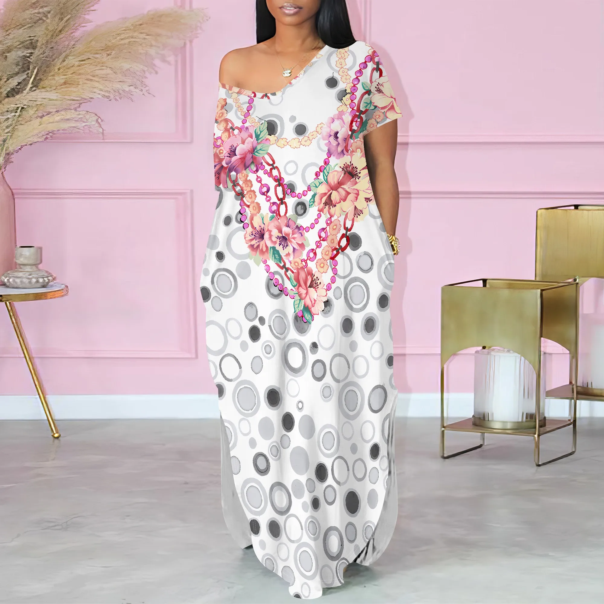 

Women's Pullover Sexy Short Sleeve One-Shoulder V Neck Fashion Printed Summer Two-side Slits Casual Maxi Dresses With Pocket