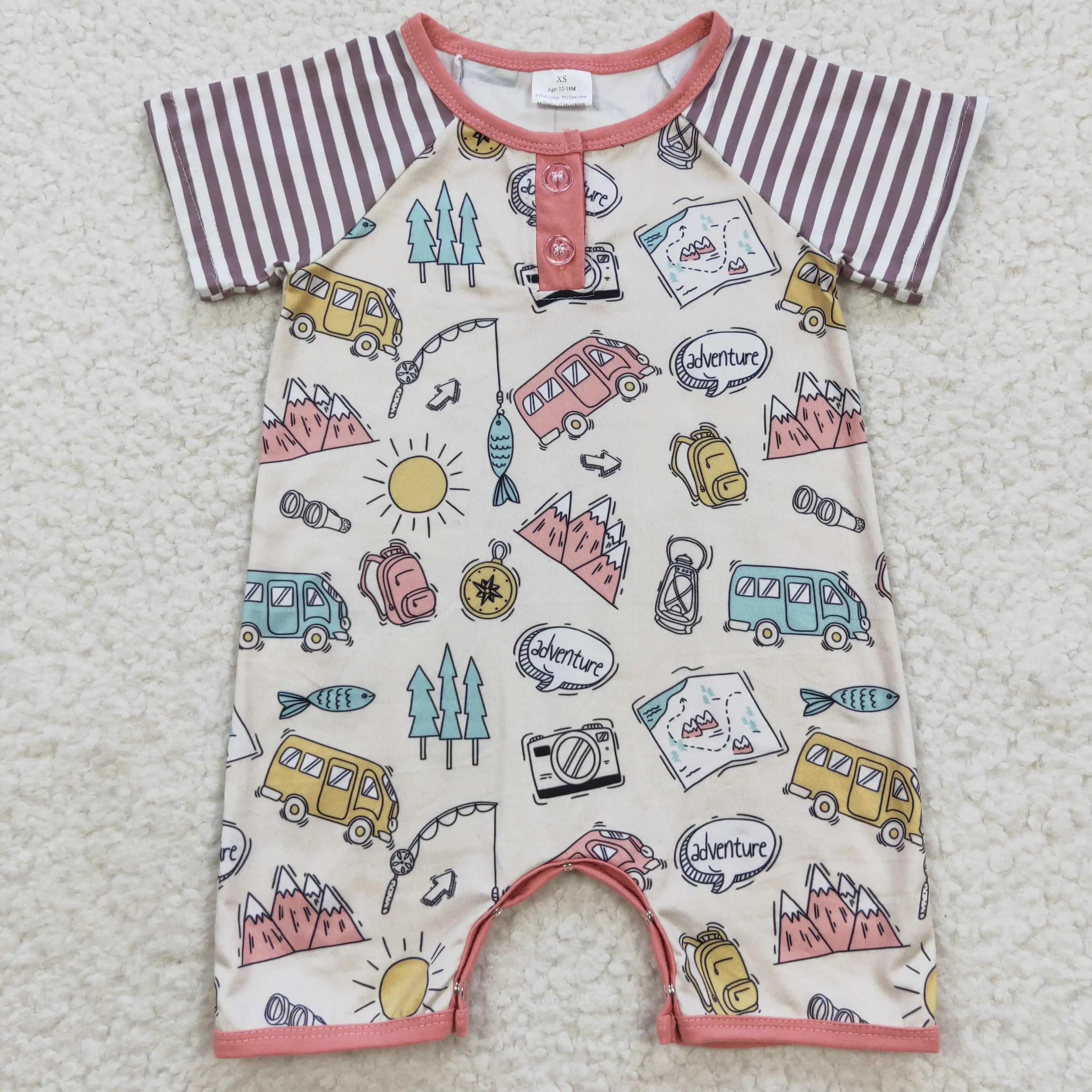 

SR0394 hot sale wholesale baby rompers summer boys Camping bus fishing striped short-sleeved jumpsuit baby boy clothes
